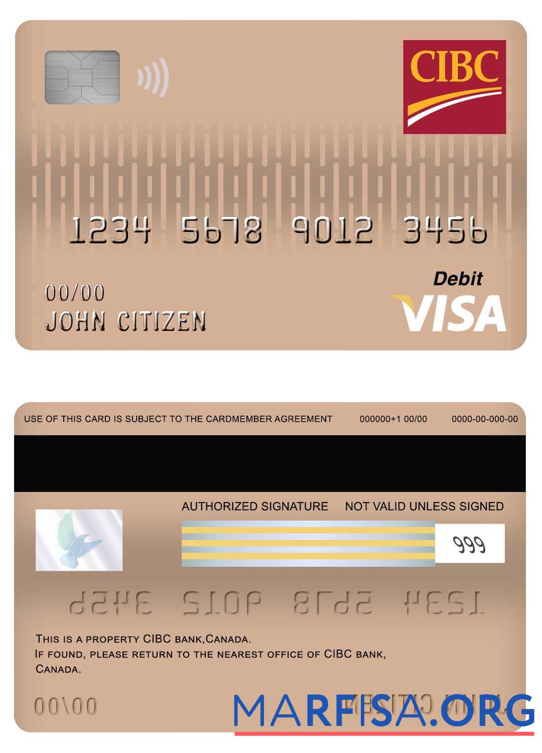 Downloadable Canada CIBC bank visa debit card download for verification